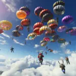 Battle Royale players dropping on the map using gliders.