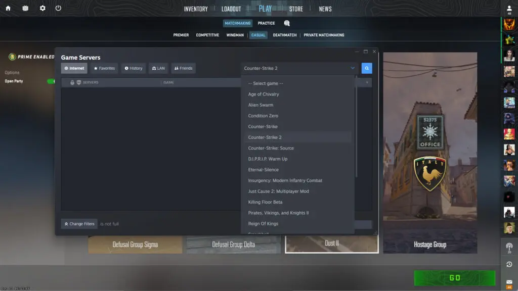 Choosing Counter-Strike 2 using the drop-down menu.