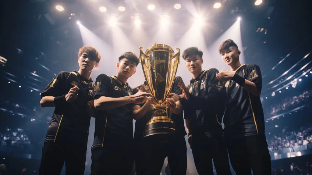 CS:GO Pro League champions posing with their trophy.